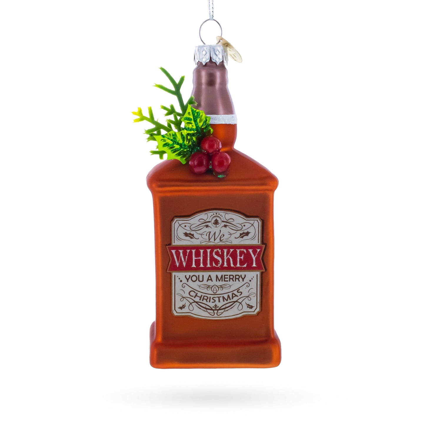 Whiskey Bottle with Holiday Accent Glass Christmas Ornament