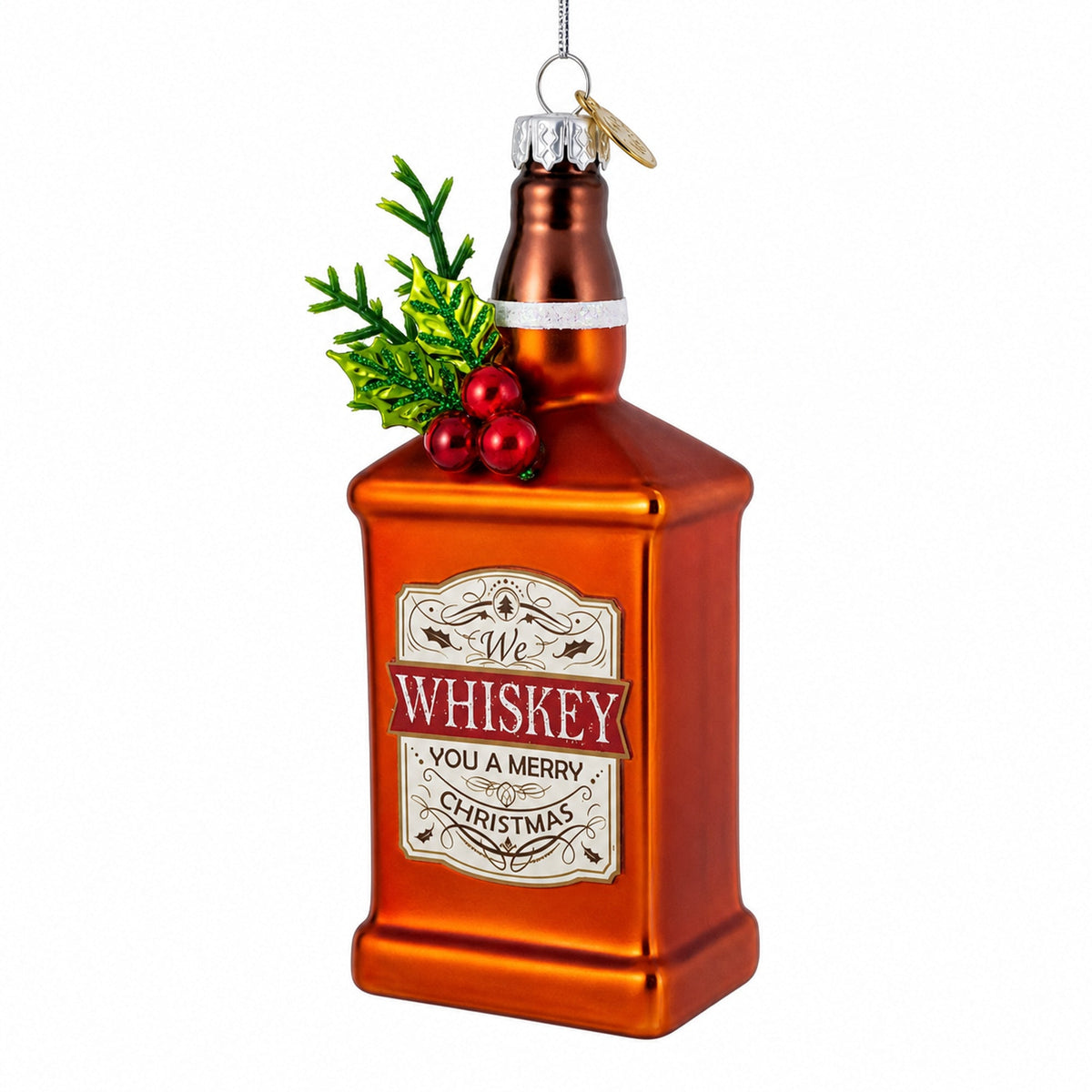 Whiskey Bottle with Holiday Accent Glass Christmas Ornament