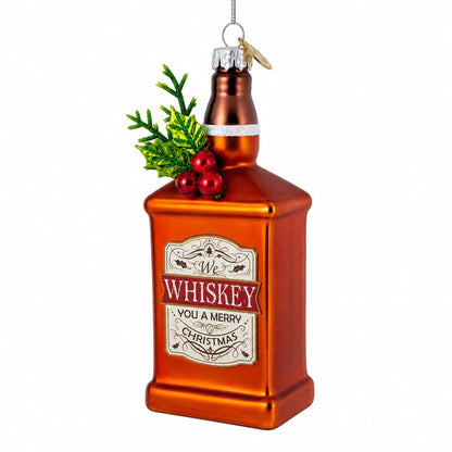 Whiskey Bottle with Holiday Accent Glass Christmas Ornament