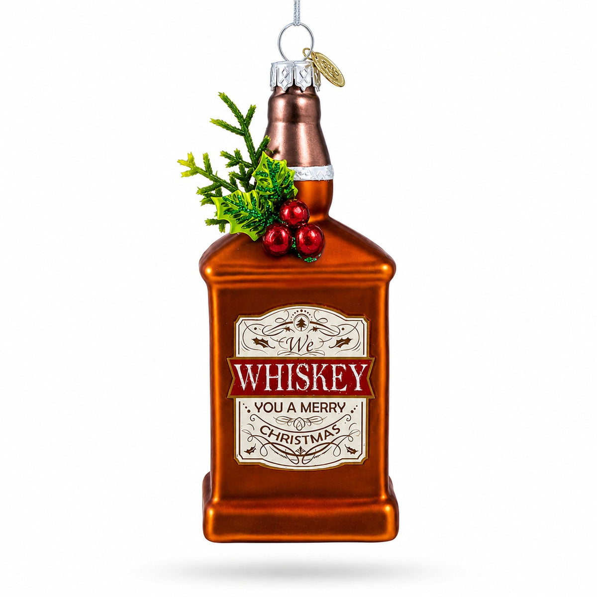 Whiskey Bottle with Holiday Accent Glass Christmas Ornament
