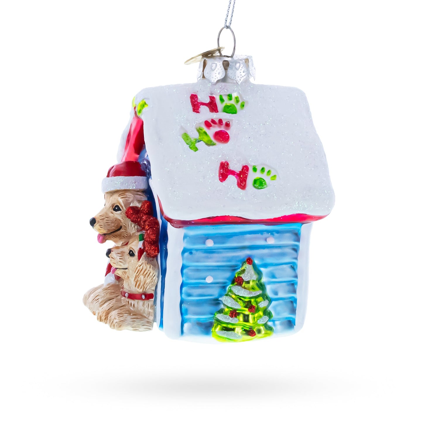Crhsitmas Doghouse with Two Holiday Puppies Glass Christmas Ornament