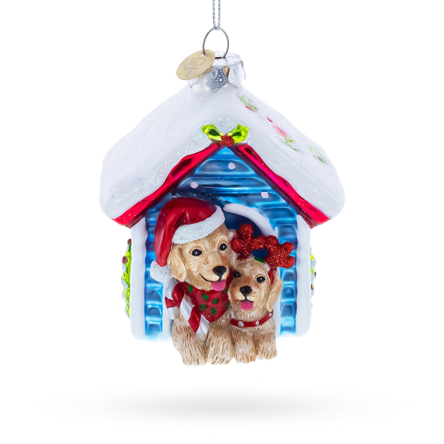 Christmas Doghouse with Two Holiday Puppies Glass Christmas Ornament