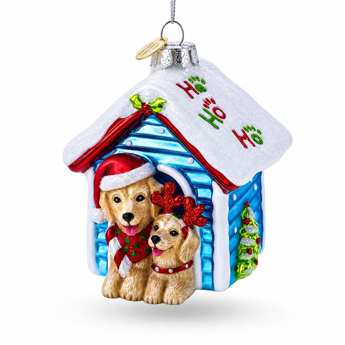 Christmas Doghouse with Two Holiday Puppies Glass Christmas Ornament
