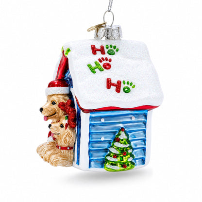 Christmas Doghouse with Two Holiday Puppies Glass Christmas Ornament
