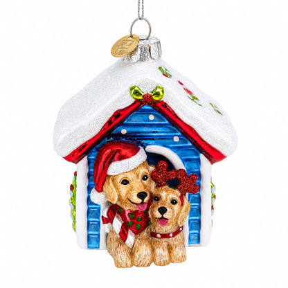 Christmas Doghouse with Two Holiday Puppies Glass Christmas Ornament