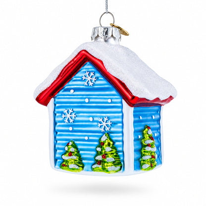 Christmas Doghouse with Two Holiday Puppies Glass Christmas Ornament