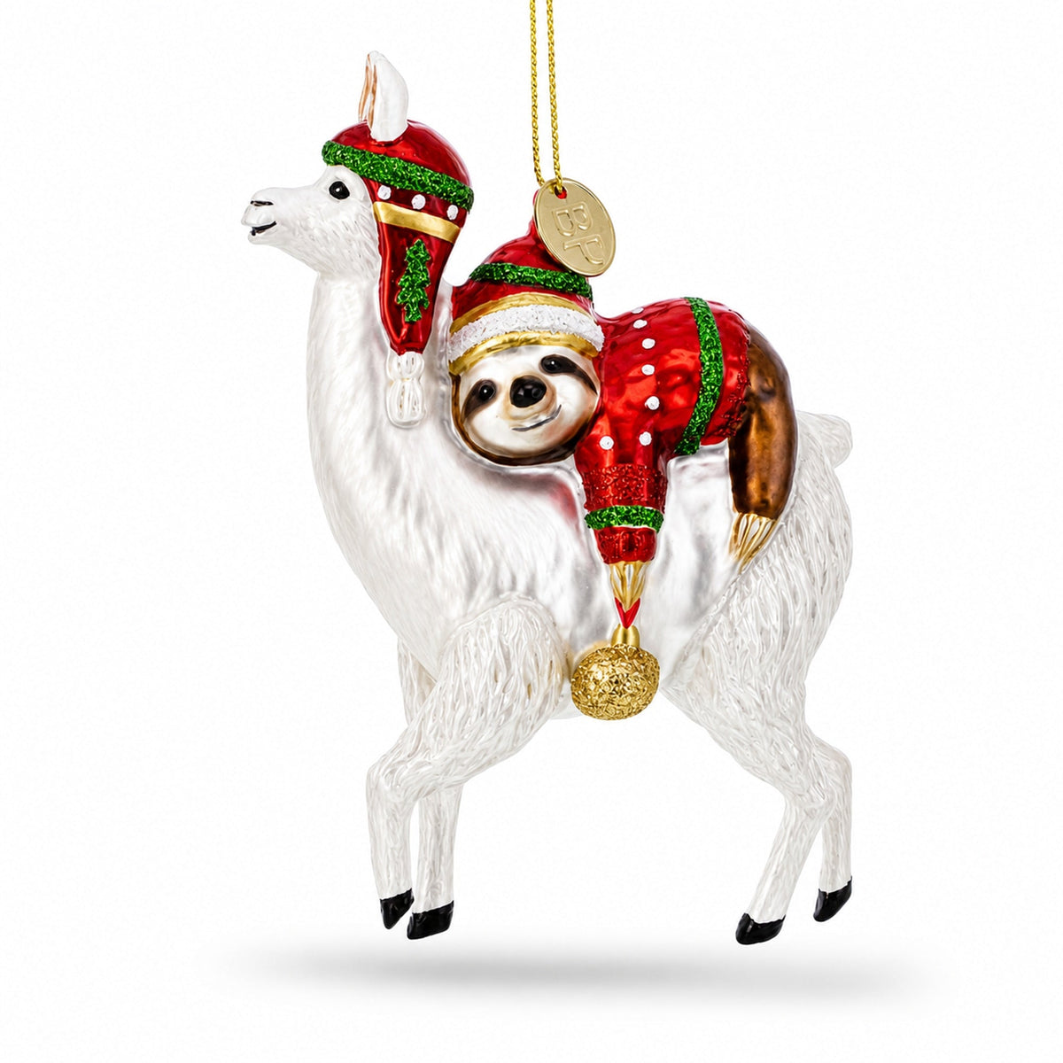 Llama and Sloth Companion Glass Christmas Ornament