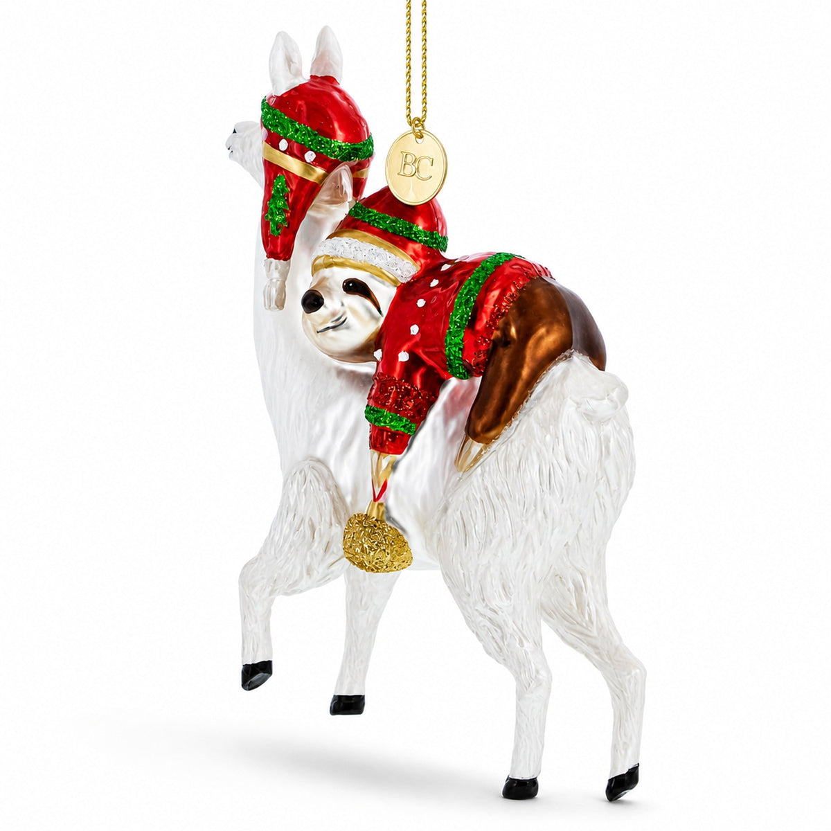 Llama and Sloth Companion Glass Christmas Ornament
