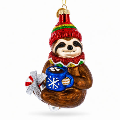Cozy Sloth Drinking Hot Cocoa Glass Christmas Ornament