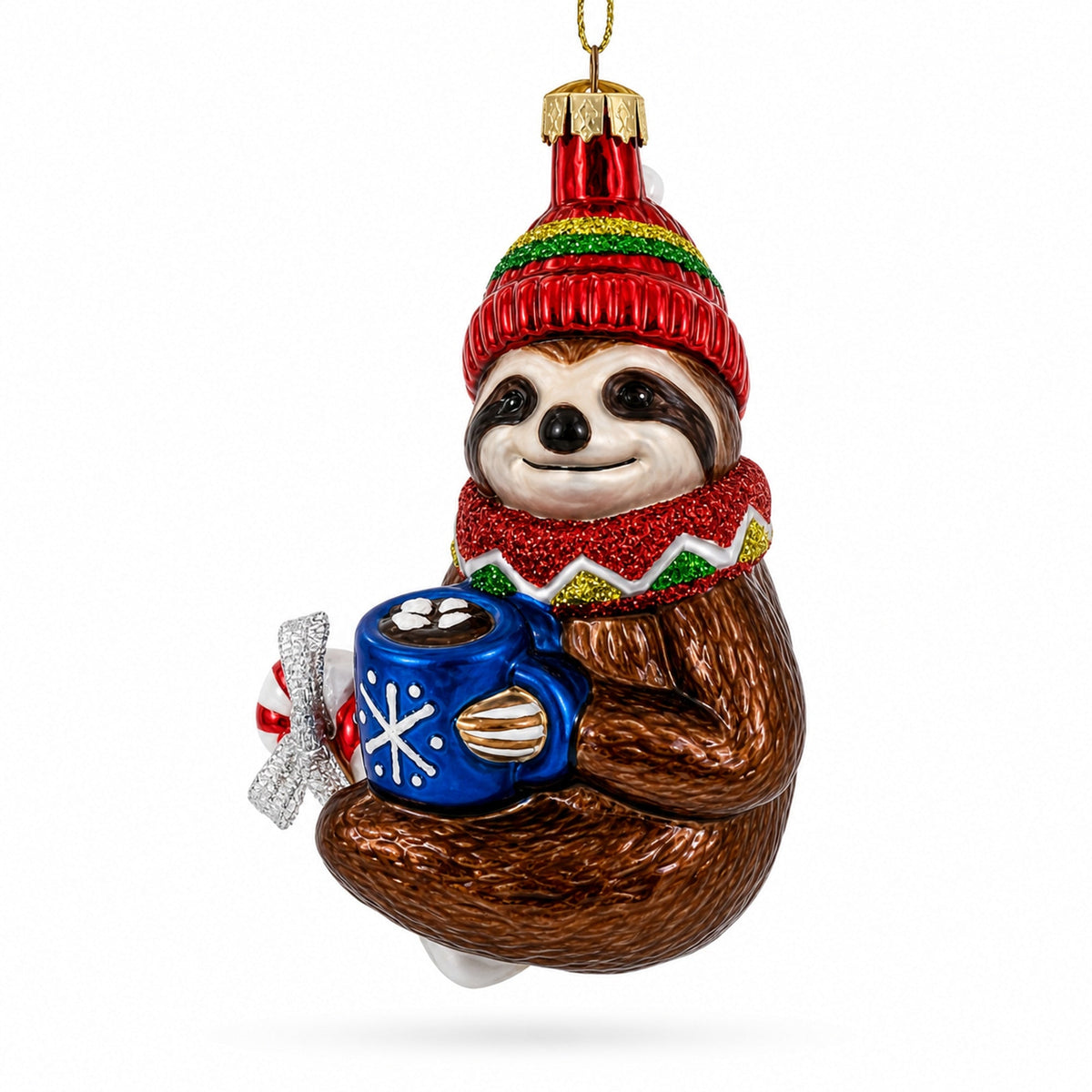 Cozy Sloth Drinking Hot Cocoa Glass Christmas Ornament