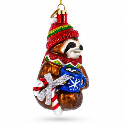 Cozy Sloth Drinking Hot Cocoa Glass Christmas Ornament