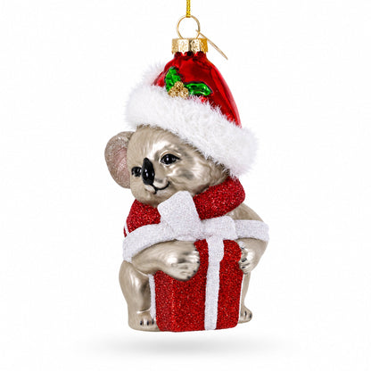 Koala with Present Glass Christmas Ornament