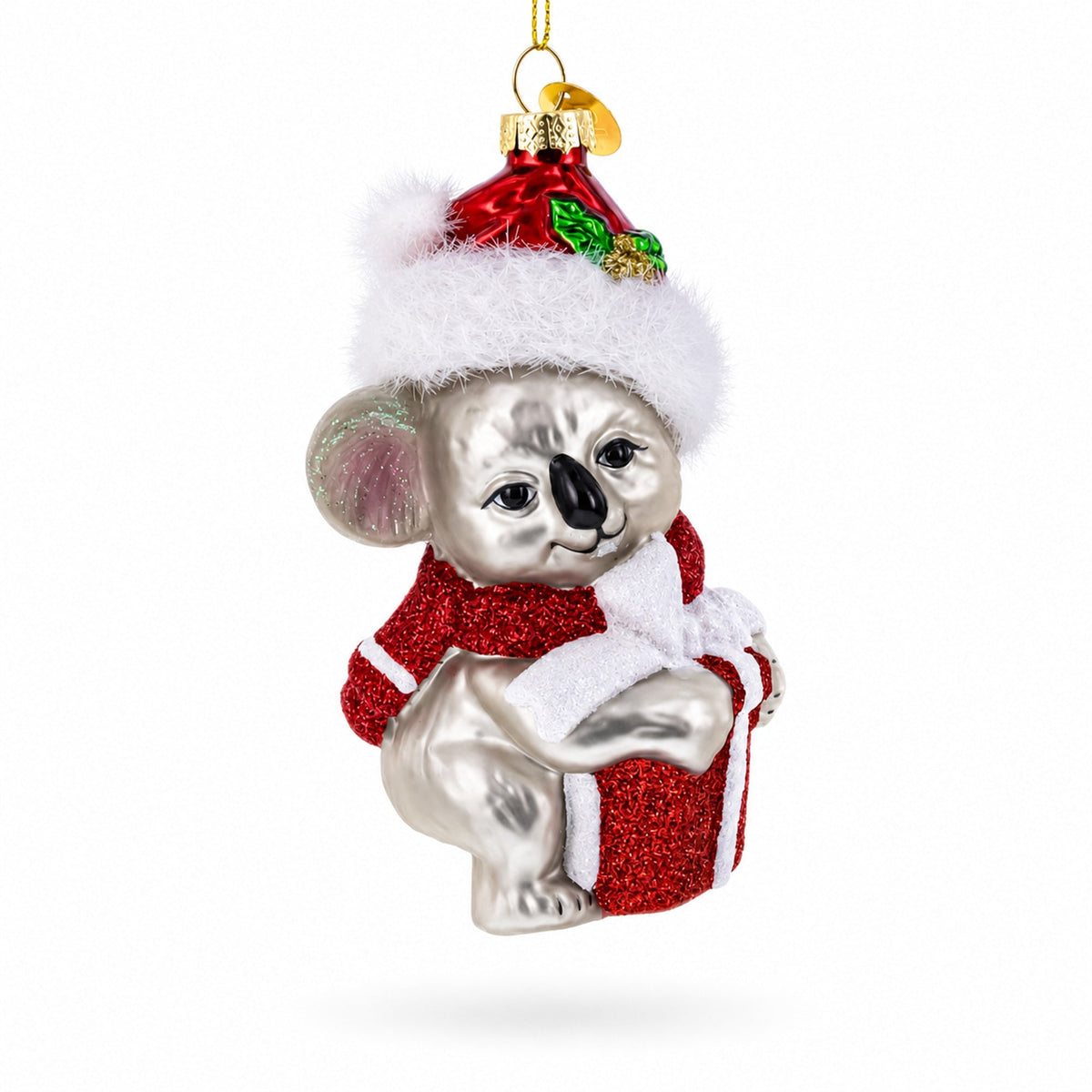 Koala with Present Glass Christmas Ornament