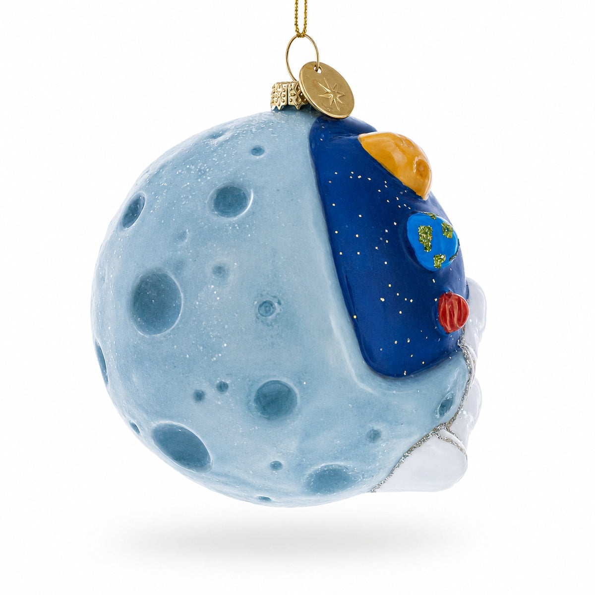Astronaut Floating in Outer Space Glass Christmas Ornament