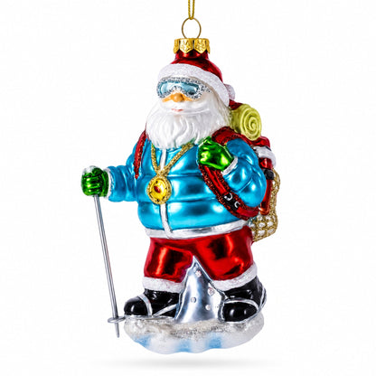 Explorer Santa with Goggles And Trekking Pole Glass Christmas Ornament