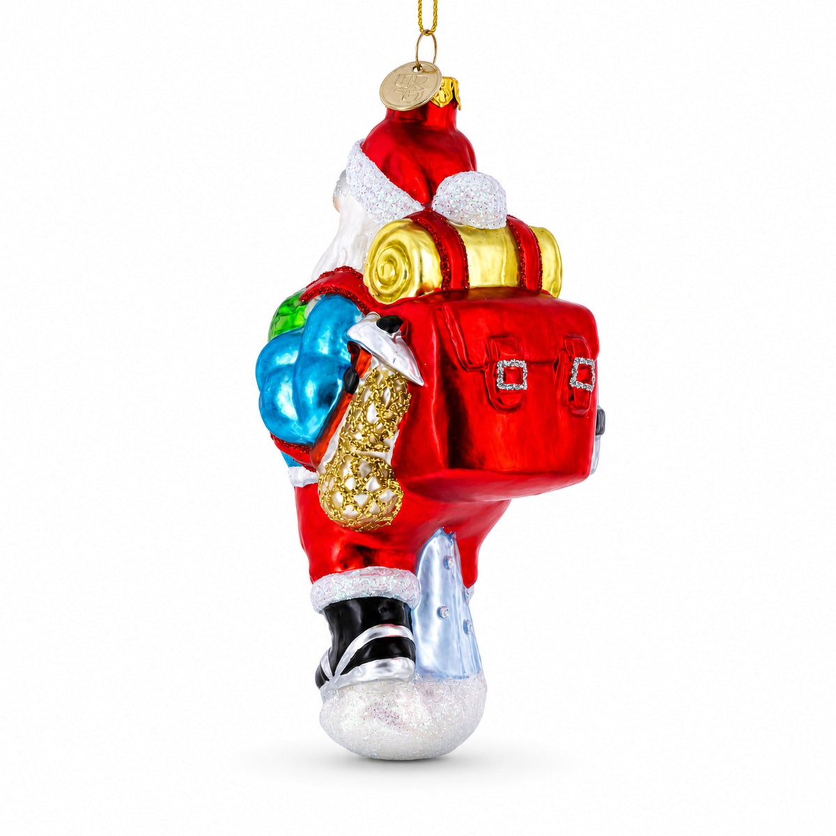 Explorer Santa with Goggles And Trekking Pole Glass Christmas Ornament