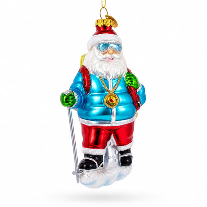Explorer Santa with Goggles And Trekking Pole Glass Christmas Ornament