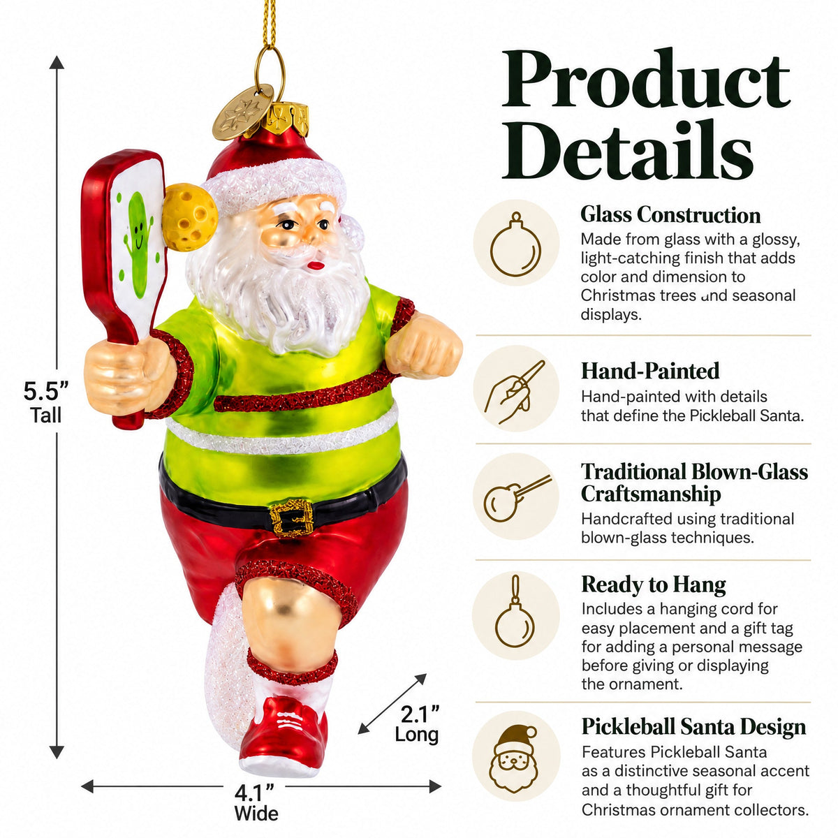Pickleball Santa Glass Christmas Ornament