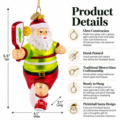 Pickleball Santa Glass Christmas Ornament