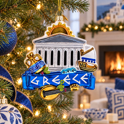 Landmarks and Symbols of Greece Glass Christmas Ornament
