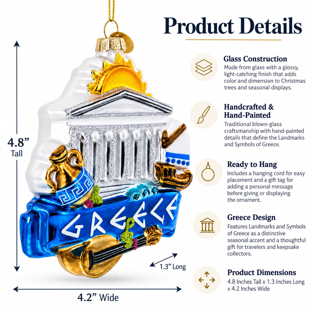 Landmarks and Symbols of Greece Glass Christmas Ornament