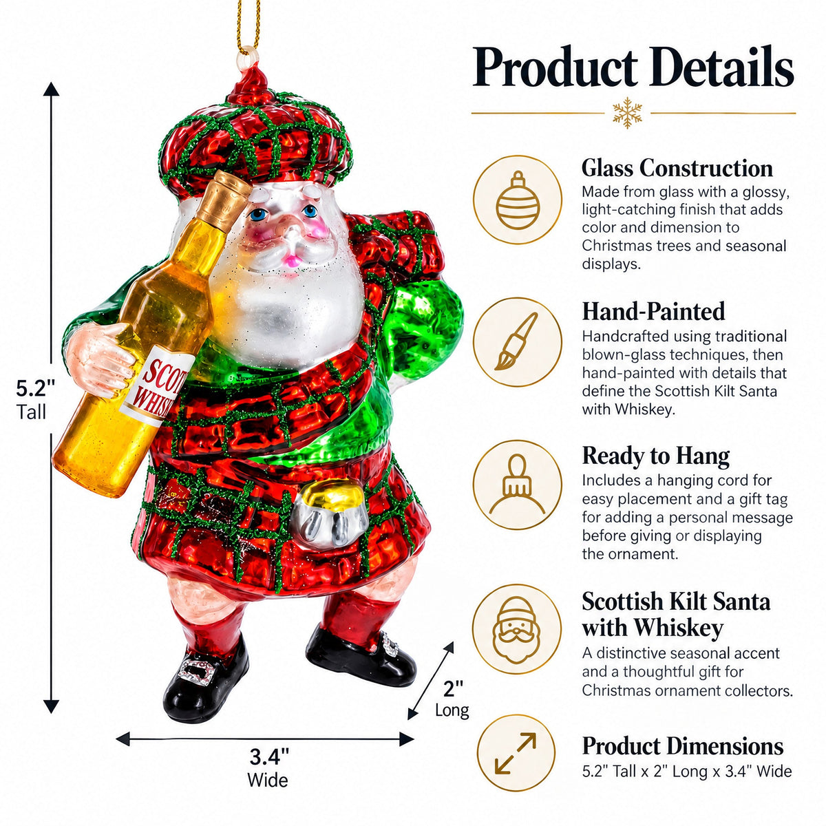 Scottish Kilt Santa with Whiskey Glass Christmas Ornament