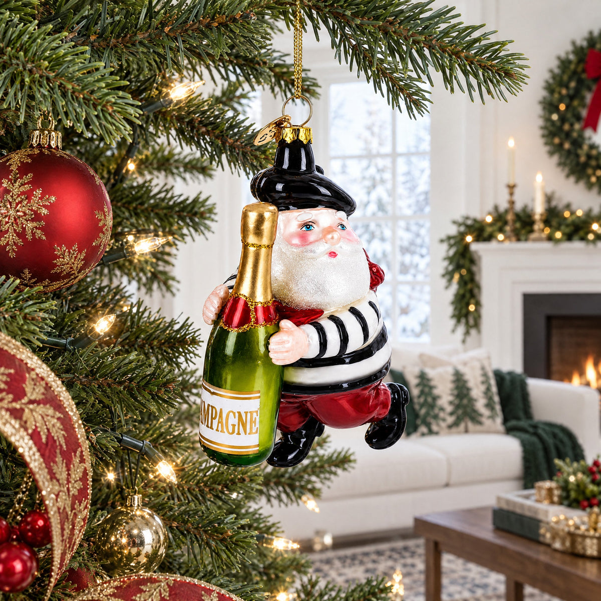French Santa with Sparkling Wine Glass Christmas Ornament