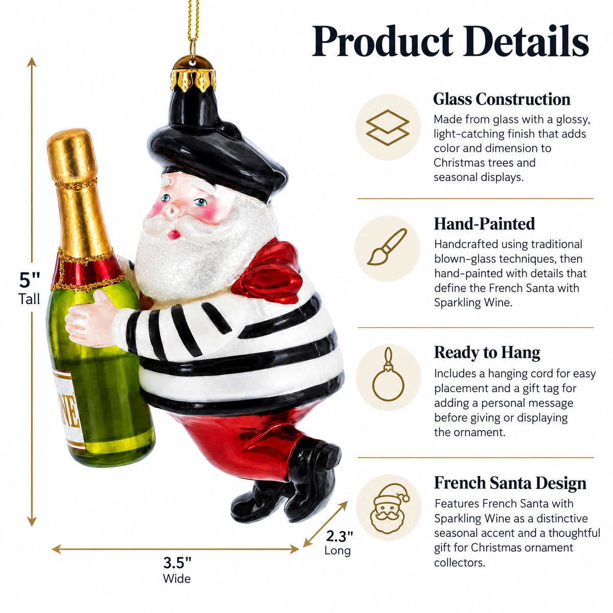 French Santa with Sparkling Wine Glass Christmas Ornament