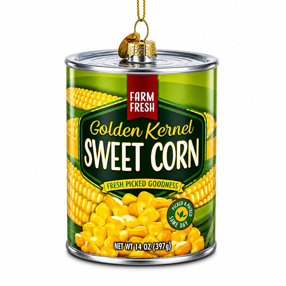 Golden Kernel Sweet Corn Can Glass Christmas Ornament