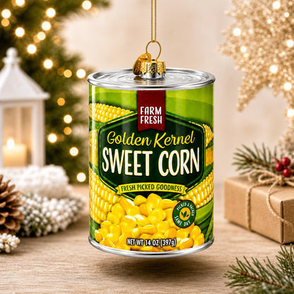 Golden Kernel Sweet Corn Can Glass Christmas Ornament
