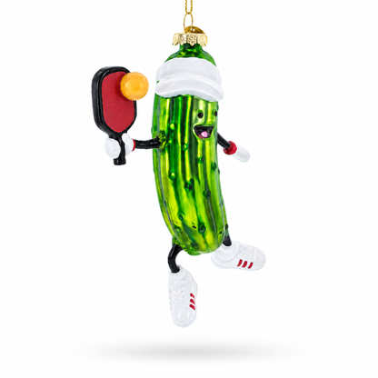 Pickle Themed Pickleball Glass Christmas Ornament