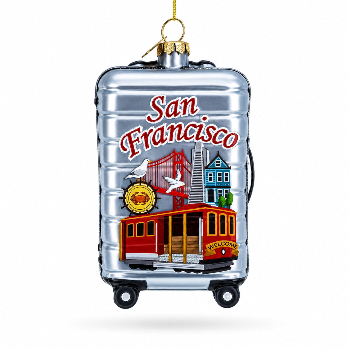 San Francisco Landmarks Suitcase Glass Christmas Ornament
