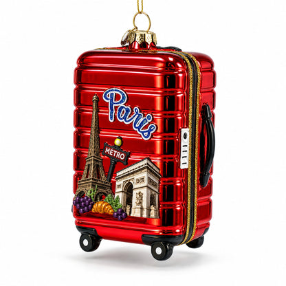 Paris Landmarks Suitcase Glass Christmas Ornament