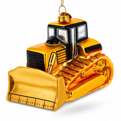 Tracked Bulldozer Construction Vehicle with Detailed Cab Glass Christmas Ornament
