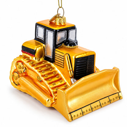 Tracked Bulldozer Construction Vehicle with Detailed Cab Glass Christmas Ornament