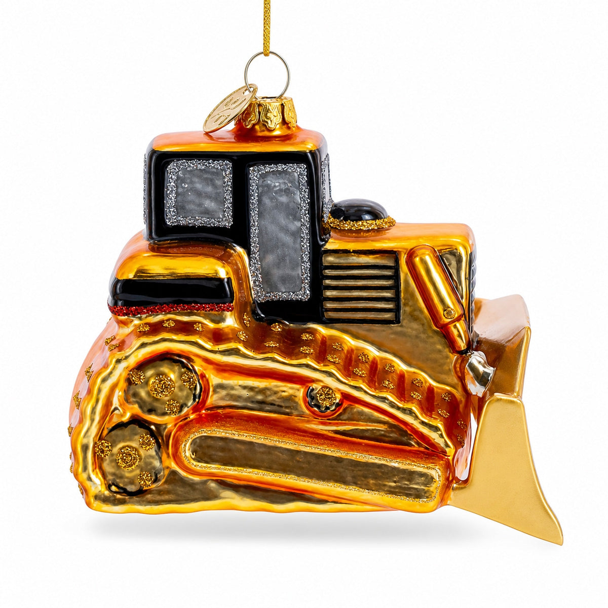 Tracked Bulldozer Construction Vehicle with Detailed Cab Glass Christmas Ornament
