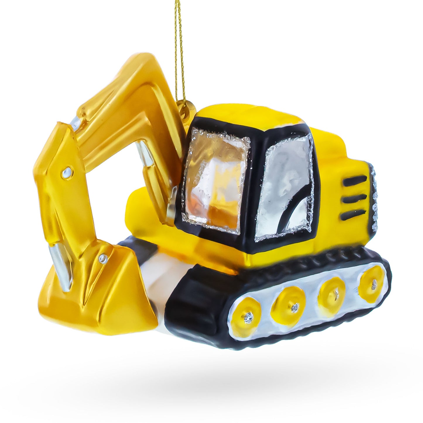 Trackcked Excavator Construction Vehicle with Working Arm Glass Christmas Ornament