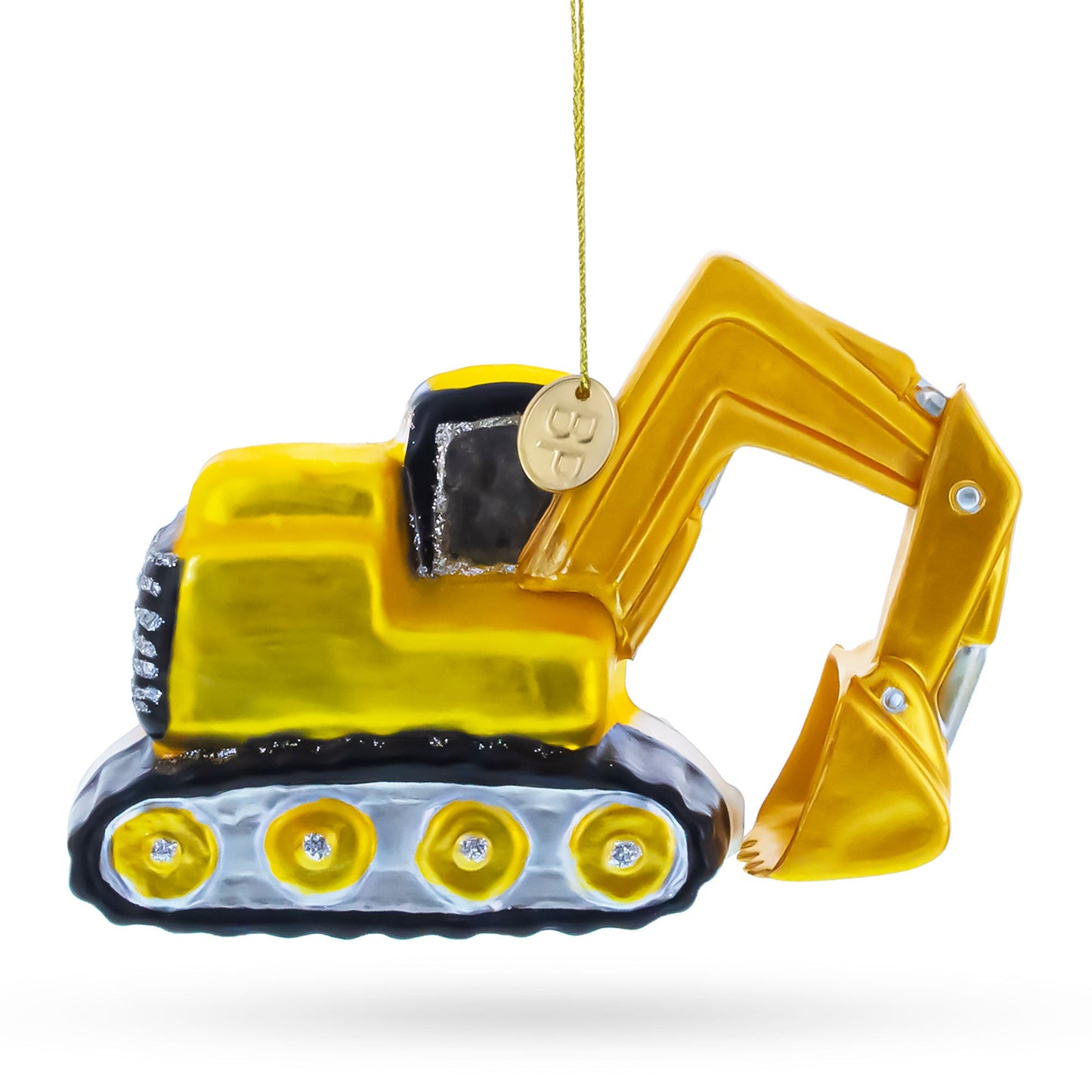 Trackcked Excavator Construction Vehicle with Working Arm Glass Christmas Ornament