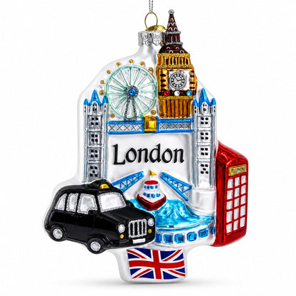 London Landmarks with Big Ben and Taxi Glass Christmas Ornament