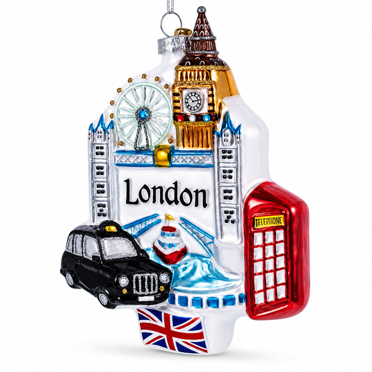 London Landmarks with Big Ben and Taxi Glass Christmas Ornament