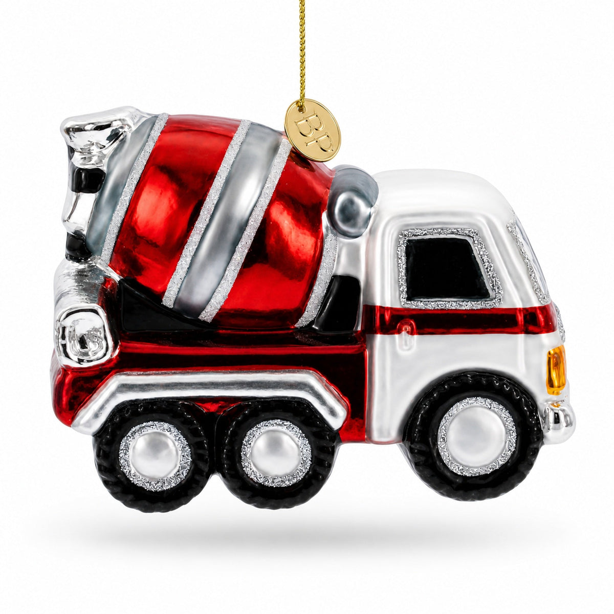 Striped Concrete Mixer Construction Vehicle Glass Christmas Ornament