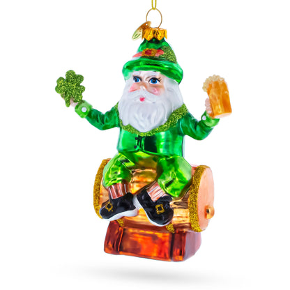 Irish Leprechaun Gnome Santa Holding Beer and Shamrock Glass Christmas Ornament