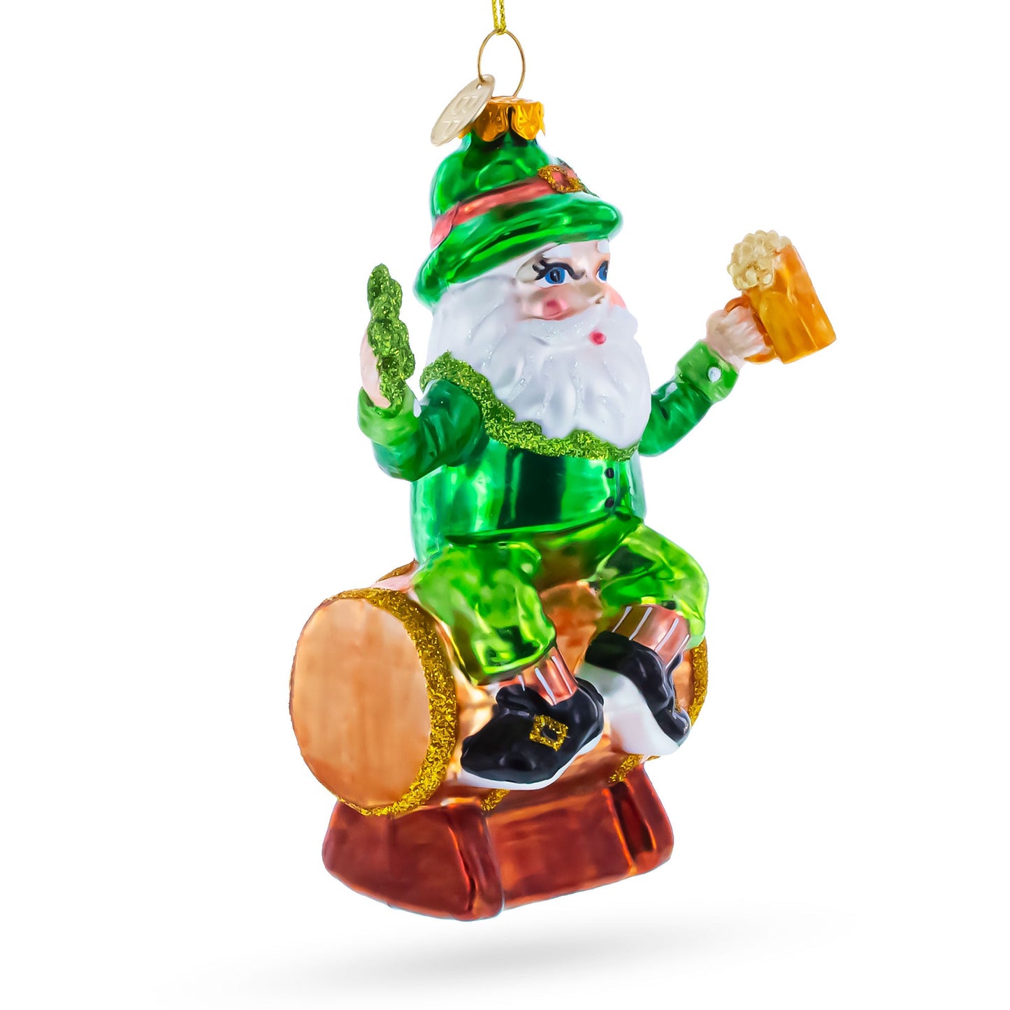 Irish Leprechaun Gnome Santa Holding Beer and Shamrock Glass Christmas Ornament