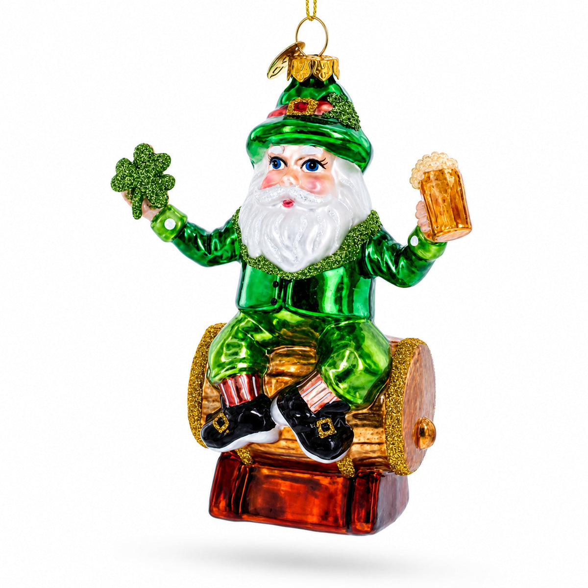 Irish Leprechaun Gnome Santa Holding Beer and Shamrock Glass Christmas Ornament