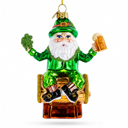 Irish Leprechaun Gnome Santa Holding Beer and Shamrock Glass Christmas Ornament