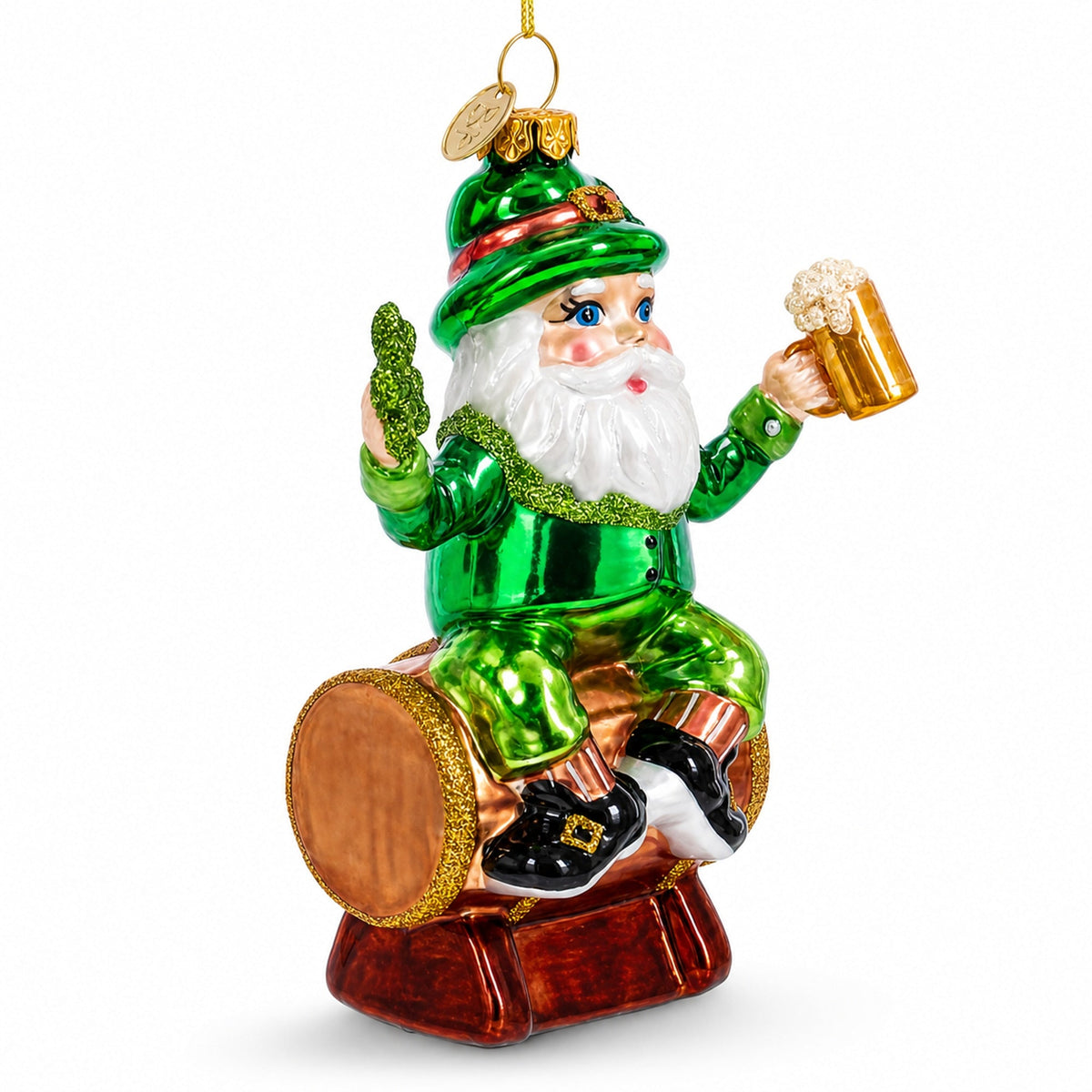 Irish Leprechaun Gnome Santa Holding Beer and Shamrock Glass Christmas Ornament