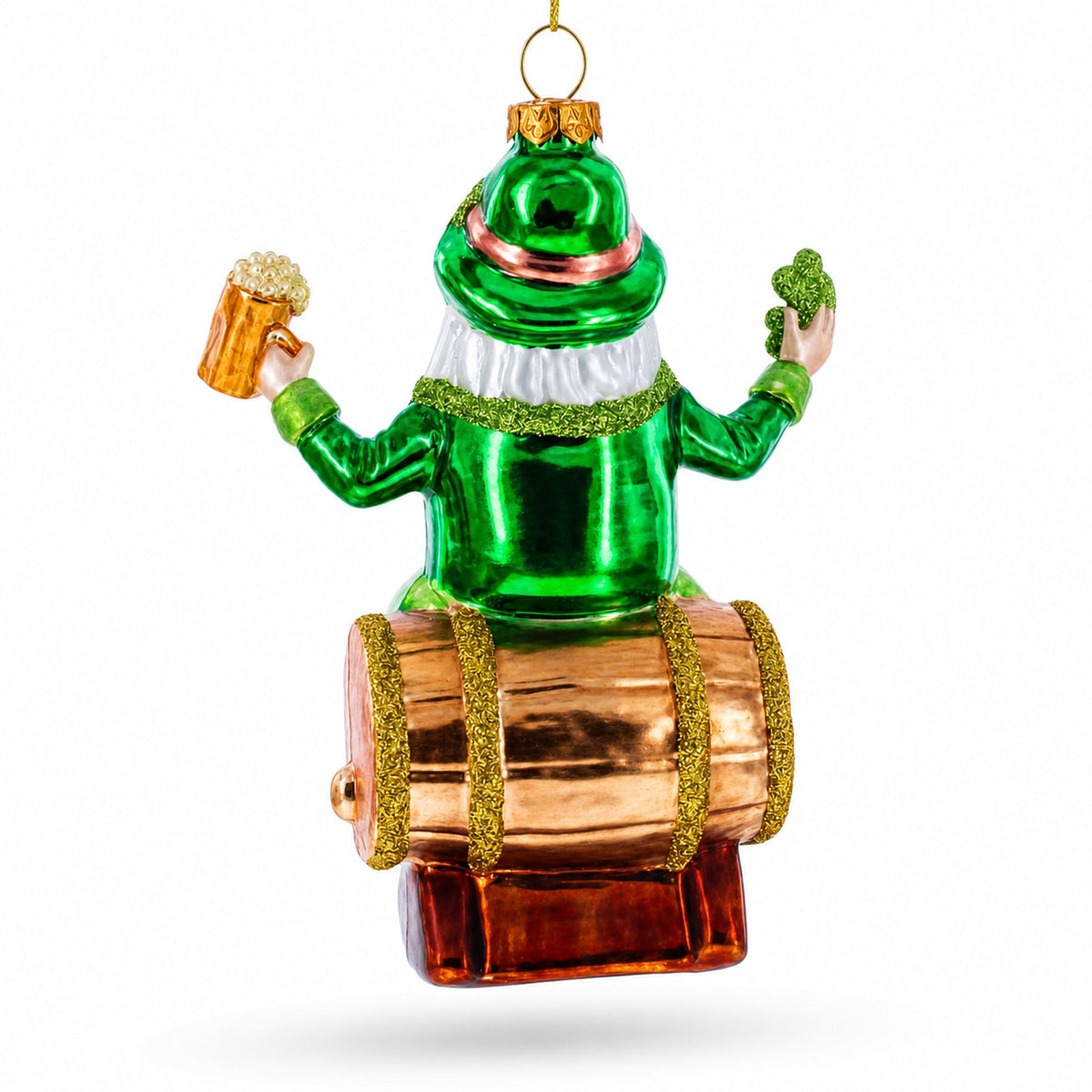 Irish Leprechaun Gnome Santa Holding Beer and Shamrock Glass Christmas Ornament