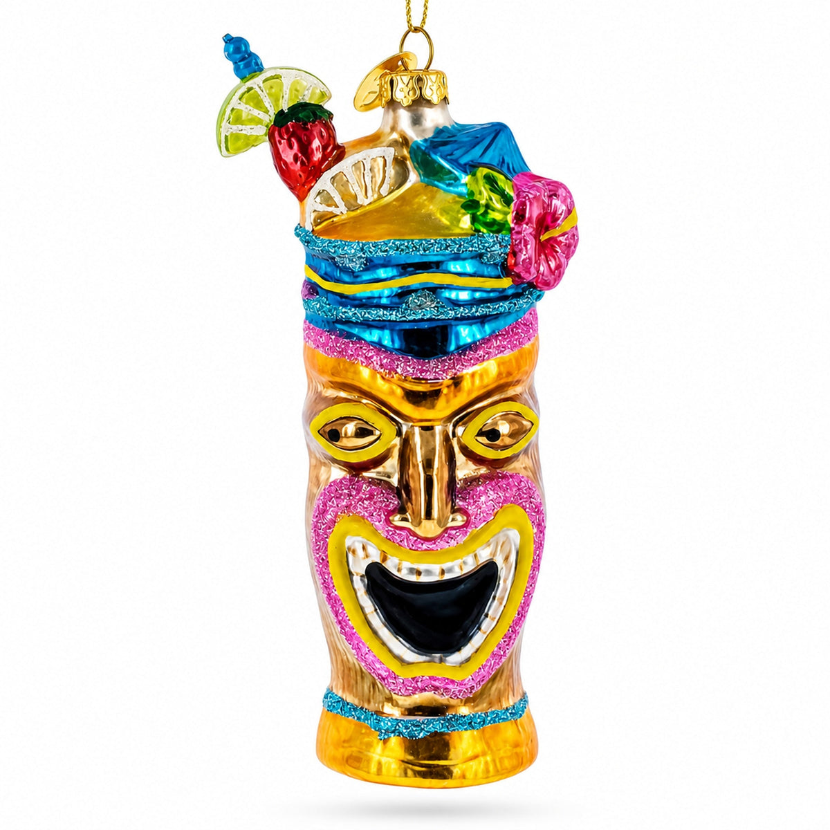 Hawaiian Tiki Totem with Tropical Cocktail Glass Christmas Ornament