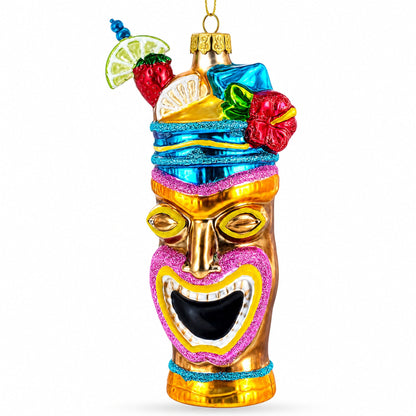 Hawaiian Tiki Totem with Tropical Cocktail Glass Christmas Ornament