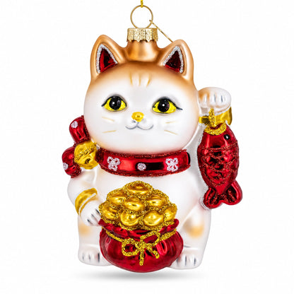 Lucky Maneki Neko Fortune Cat with Gold Coins Glass Christmas Ornament